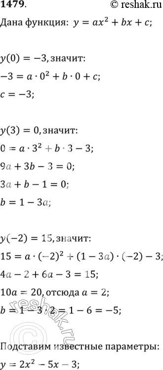 Изображение 1479 Построить график функции у = ах2 + bх + с, если у (-2) = 15, у (3) = 0, у (0) =...