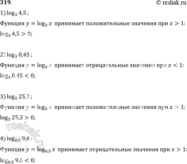Изображение 319 Выяснить, является ли положительным или отрицательным число:1) log3(4,5);	2) log3(0,45);	3) log5(25,3);	4)...