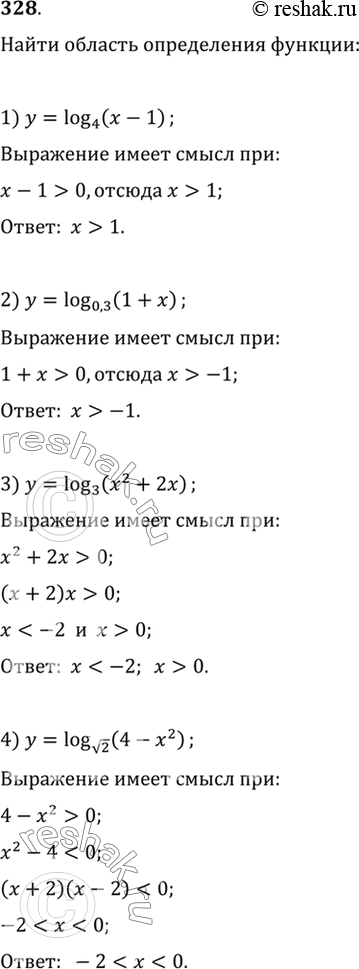Изображение 328 Найти область определения функции:1) У = log4 (x - 1);	2) у = log0,3 (1 + х);3) у = log3 (х2 + 2х);	4) у = log корень 2(4 -...
