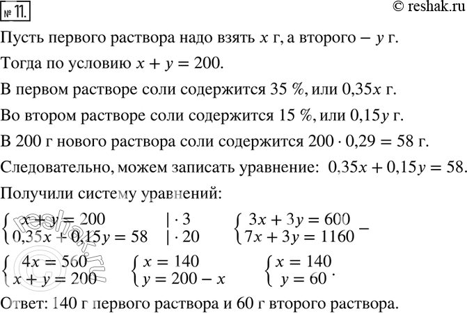 Изображение 11. Имеется два водно-солевых раствора. Первый раствор содержит 35 %, а второй — 15 % соли. Сколько граммов каждого раствора надо взять, чтобы получить 200 г раствора,...
