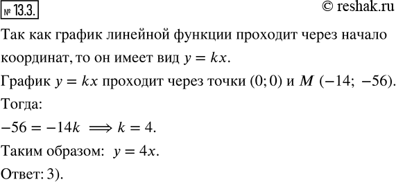 Изображение 13.3. График линейной функции проходит через начало координат и точку М(—14; -56). Выберите из 1) — 4) аналитическую модель этого графика.1) у = 4х + 4;      3) у =...