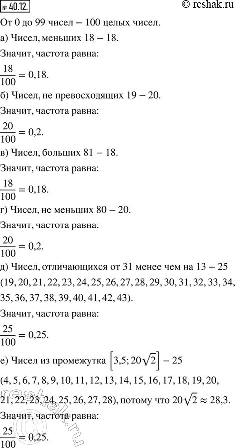 Изображение 40.12. В упражнениях 40.11, 40.12 для ряда целых чисел от О до 99 найдите частоту:а) Чисел, меньших 18; б) чисел, не превосходящих 19; в) чисел, больших 81; г) чисел,...