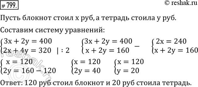 Изображение 799. Ученик за 3 блокнота и 2 тетради уплатил 400 р., другой ученик за 2 таких же блокнота и 4 тетради уплатил 320 р. Сколько стоил блокнот и сколько стоила...