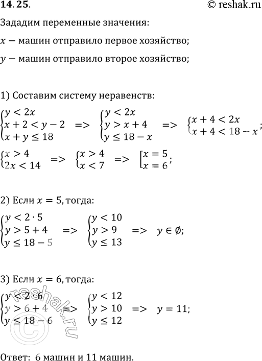 Изображение 14.25. Два автохозяйства отправили несколько машин для перевозки груза. Количество машин, отправленных из второго автохозяйства, меньше удвоенного количества машин,...
