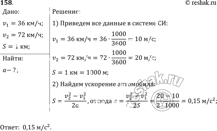 Изображение 158.	С каким ускорением двигался автомобиль, если на пути 1 км его скорость возросла от 36 до 72...