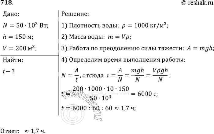 Изображение 718.	Сколько времени должен работать насос мощностью 50 кВт, чтобы из шахты глубиной 150 м откачать воду объемом 200...