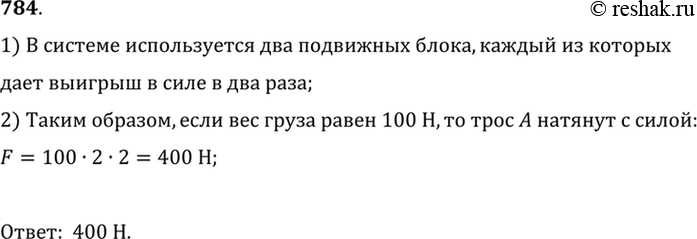 Изображение 784.	С какой силой натянут трос А, если вес груза равен 100 Н (рис. 234)?1) В системе используется два подвижных блока, каждый из которыхдает выигрыш в силе в два...