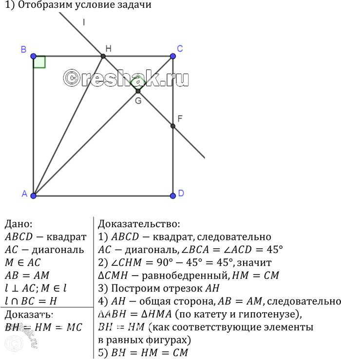 Изображение На диагонали АС квадрата ABCD взята точка М так, что АМ = АВ. Через точку М проведена прямая, перпендикулярная к прямой АС и пересекающая ВС в точке Н. Докажите, что ВН...