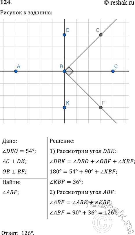 Изображение 124. На рисунке 104 AC перпендикулярен DK, OB перпендикулярен BF, угол DBO = 54°. Найдите угол...