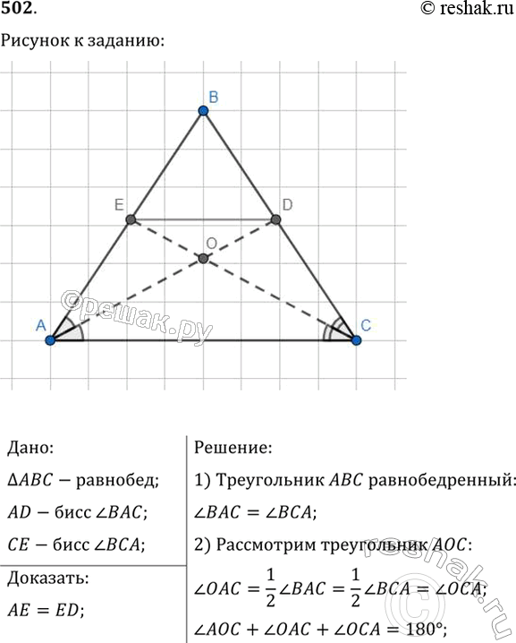 Изображение В равнобедренном треугольнике ABC с основанием АС проведены биссектрисы AD и СЕ. Докажите, что АЕ =...