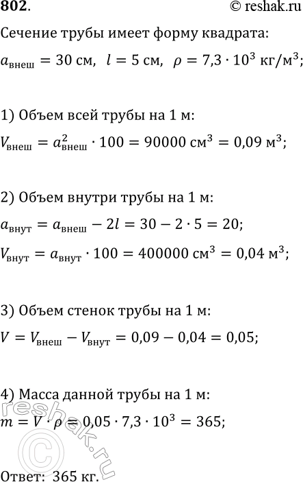 Изображение 802. Поперечное сечение чугунной трубы имеет форму квадрата. Внешняя ширина трубы равна 30 см, а толщина стенок — 5 см. Найдите массу погонного метра трубы, если...