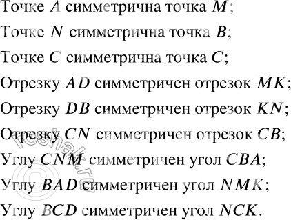 Изображение 477 На рисунке 8.7 изображены два четырёхугольника, симметричные относительно прямой k. Какая точка симметрична точке А? точке N? точке С? Какой отрезок симметричен...