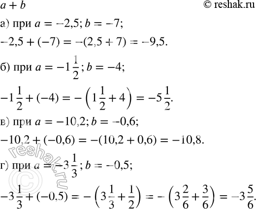 Изображение 632 Найдите значение выражения а + b:а) при а = -2,5, b = -7;б) при а = —1*1/2, b = -4;в) при а = -10,2, b = -0,6;г) при а = -3*1/3, b =...