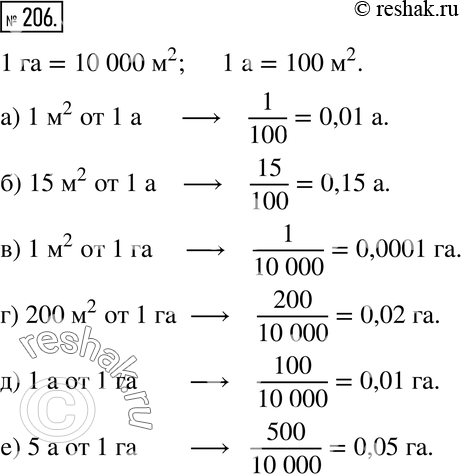 Изображение 206. В 1 гектаре (1 га) содержится 10 000 м2, в 1 аре (1 а) содержится 100 м2.Какую часть составляет:а) 1 м2 от 1 а; б) 15 м2 от 1 а; в) 1 м2 от 1 га; г) 200...