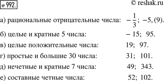 Изображение 992. Запишите два числа:а) рациональных и отрицательных;     б) целых и кратных 5; в) целых и положительных;            г) простых и больших 30; д) нечетных...