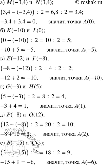 Изображение 44. Укажите координату центра симметрии, точки A, для каждой пары симметричных точек:а) M(-3,4)  и  N(3,4); б) K(-10)  и  L(0); в) E(-12)  и  F(-8); г) G(-3)  и ...